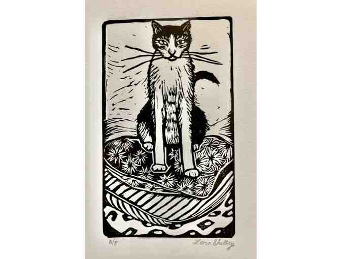 "Black &amp; White Kitty" (modeled after an AnimalKind rescue) Linocut print by Lora Shelly - Photo 1