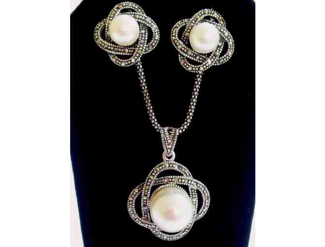 Sterling Silver, Pearl & Marcasite ER & Necklace