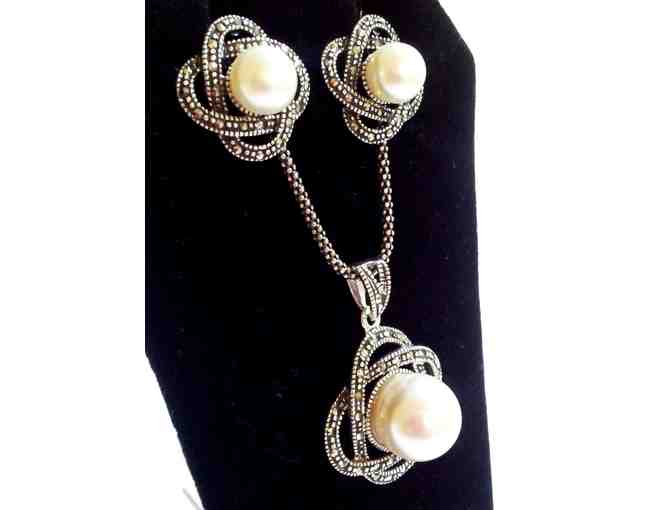 Sterling Silver, Pearl & Marcasite ER & Necklace
