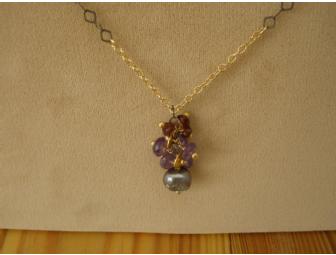 Garnet, Amethyst & Pearl Cluster Drop Necklace from Dandelion