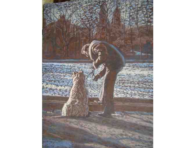 Man and dog in Central Park NYC oil on board - Photo 1
