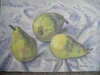 A4 oil on board 3 pears by the late NYC artist Evelyn Metzger