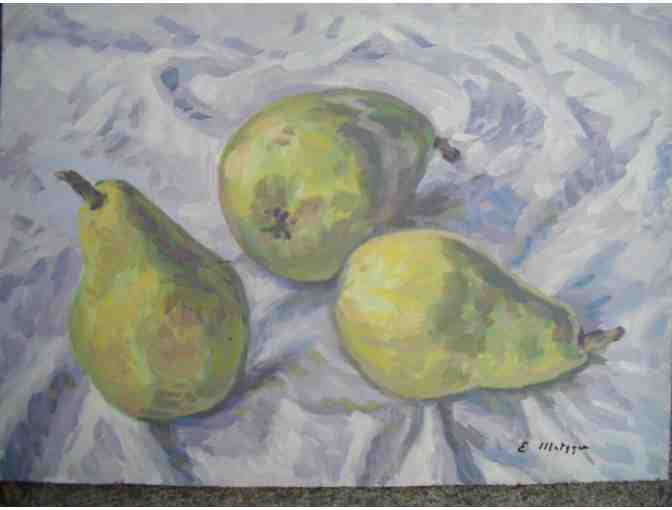 A4  oil on board 3 pears by the late NYC artist Evelyn Metzger