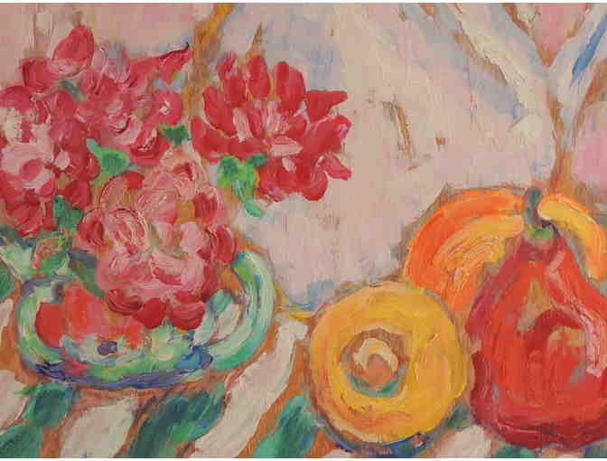 Still Life Oil Painting Featuring Flowers and Fruit By Artist Susan Busby Ralston