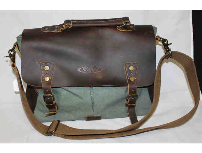 Leather & Canvas Laptop Messenger Bag - Green
