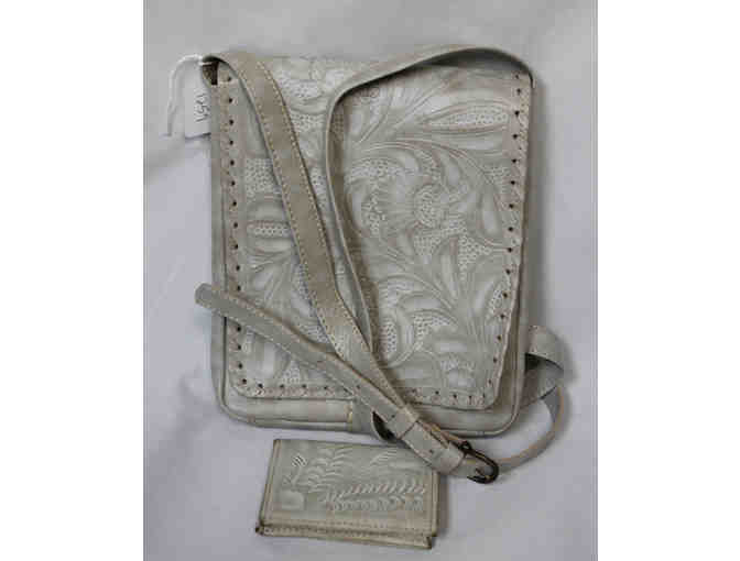 LEADERS IN LEATHER Gray Tooled Leather Cross Body Purse + Matching Wallet