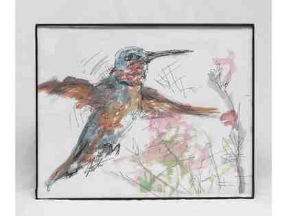 Male Ruby Throated Hummingbird by Steve Everett in metallic watercolor, pen & ink