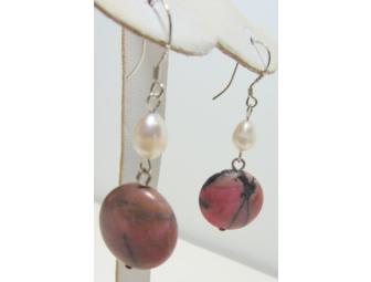 Necklace and Earring Set of Rhodonite Agate and Freshwater Pearls