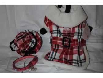 Red & White Plaid Coat with Hat and Red Rhinestone Collar