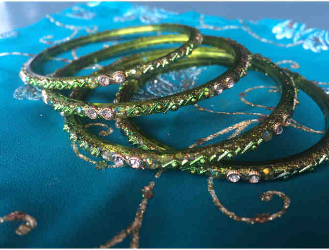 Divine Mother's Bracelets with Aqua Altar Cloth - Rhinestone & Green