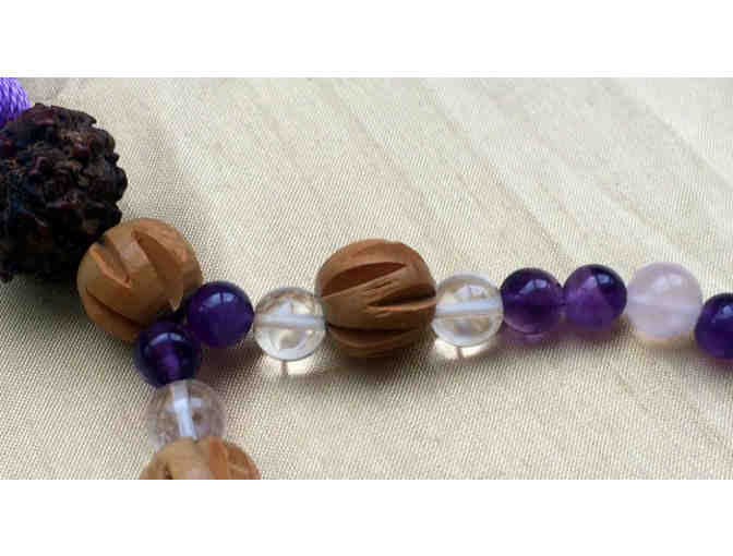 Amethyst, Rose Quartz & Crystal Mala made with Baba's Carved Sandalwood & Rudraksha Beads