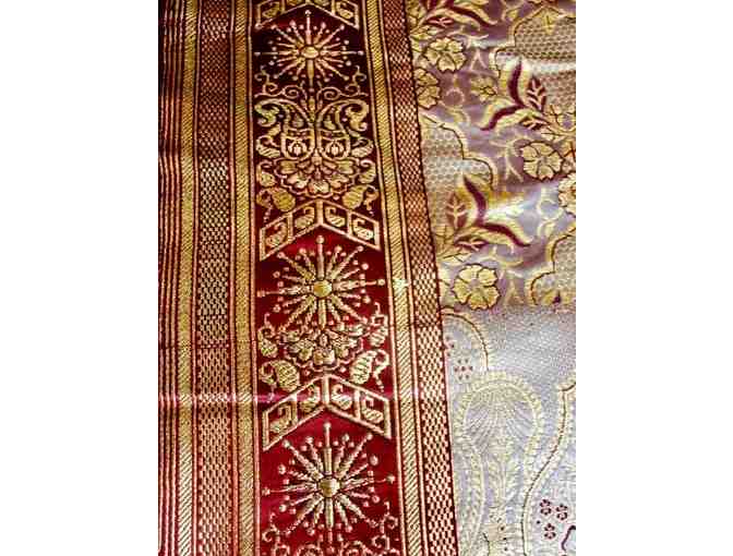 Rich Silk Brocade Silverey White with Gold and Red Border