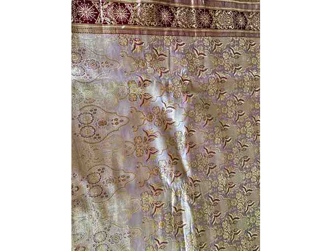 Rich Silk Brocade Silverey White with Gold and Red Border