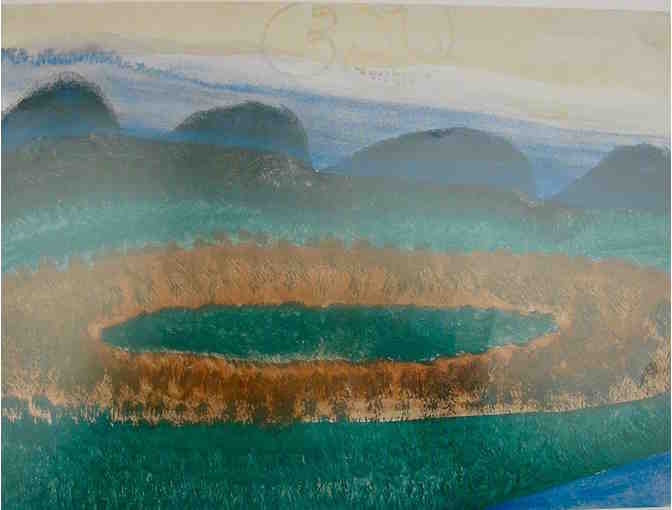 A Print of Shri Babaji's Original Water Painting (Mountains and Deep Teal Lake)