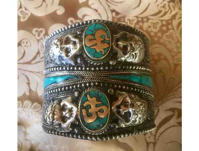 Turquoise Colored Silver Bracelet with Om Symbols & Skulls