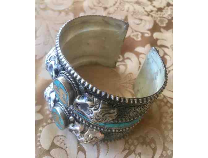 Turquoise Colored Silver Bracelet with Om Symbols & Skulls
