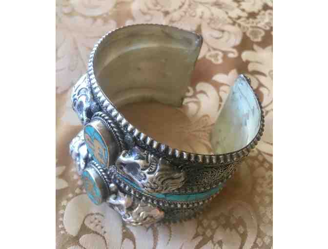 Turquoise Colored Silver Bracelet with Om Symbols & Skulls