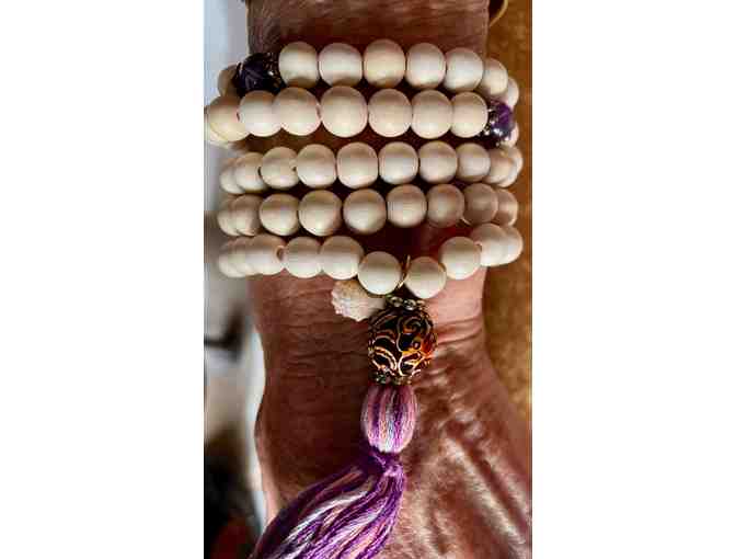 Amethyst and Wood Bead Mala with lovely Guru bead on Elastic for a Bracelet or Necklace