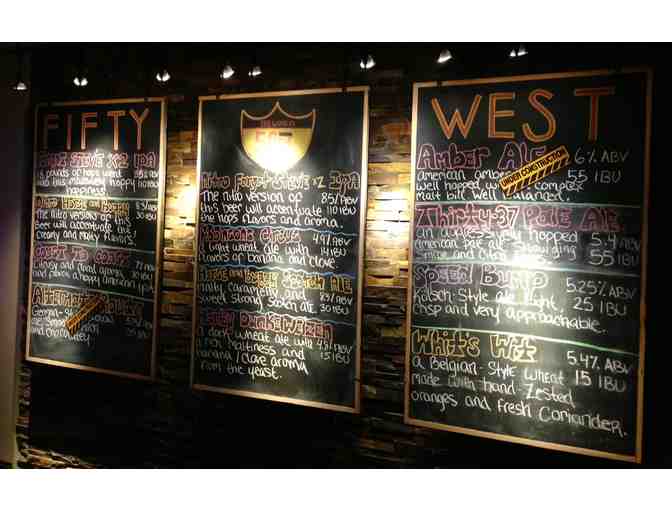 50 WEST BREWING COMPANY - $25 GIFT CARD, EMPTY GROWLER, PINT, TULIP & SNIFTER GLASS + TOTE