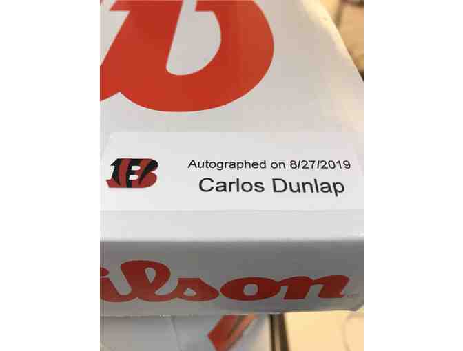 CARLOS DUNLAP BENGALS #96 - AUTOGRAPHED WILSON/BENGALS LOGO FOOTBALL + BENGALS COASTERS