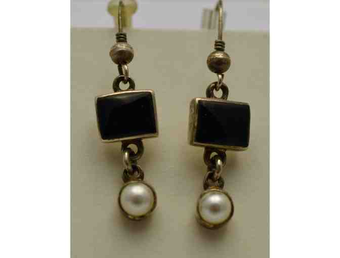 Cultured Pearl and Black Onyx 925 Sterling Silver Earrings