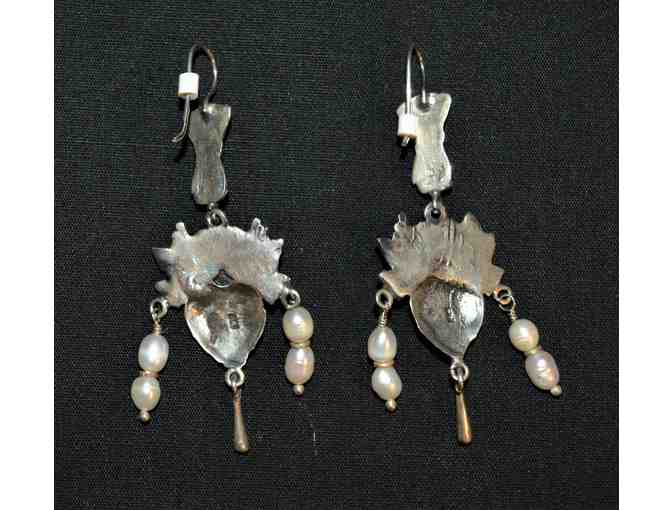 Frida Kahlo Style Sterling Silver Earrings Pearl and Birds - Taxco Mexico