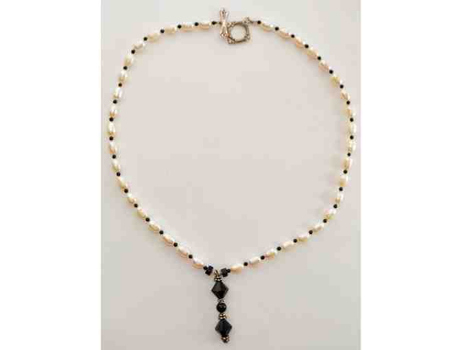 Necklace - White Fresh Water Pearls, Onyx and Sterling Silver