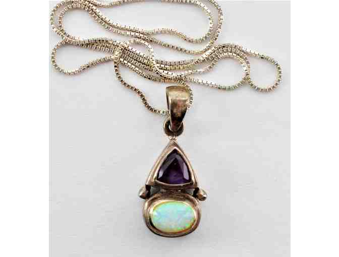 Necklace - Sterling Silver Chain with Opal and Amethyst Pendant