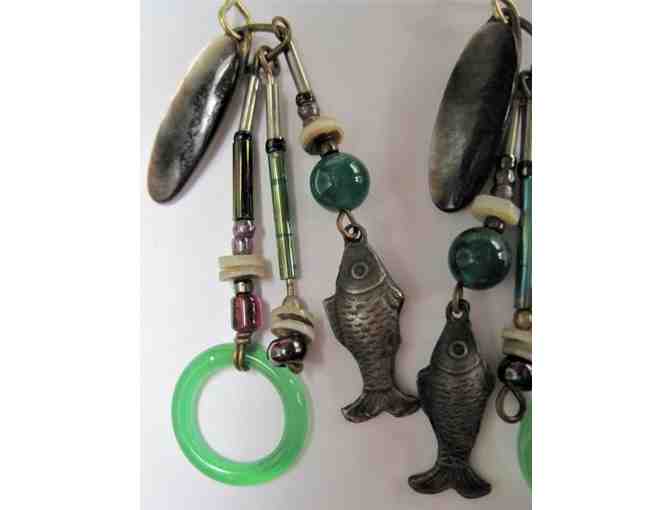 Dangling Green Glass and Fish Earrings