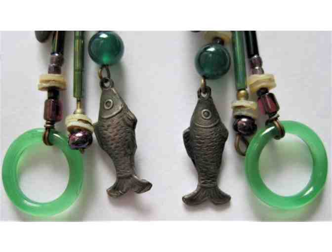 Dangling Green Glass and Fish Earrings
