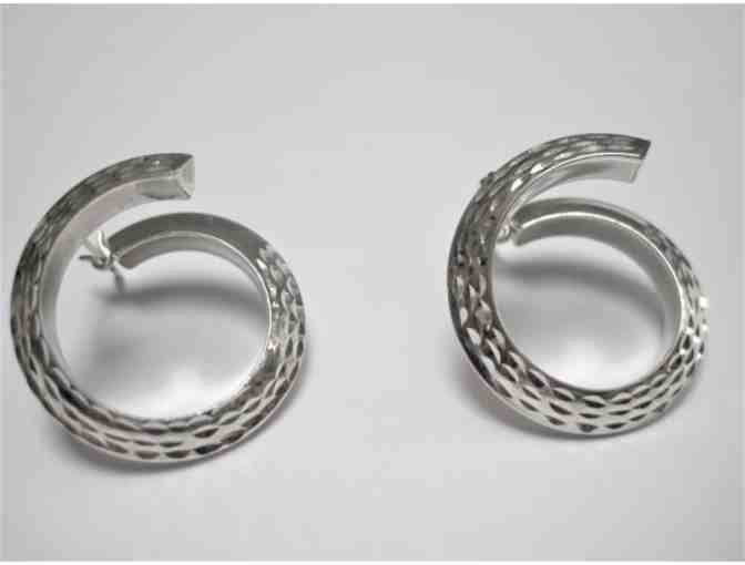 Textured Silver Swirl Hoop Earrings.
