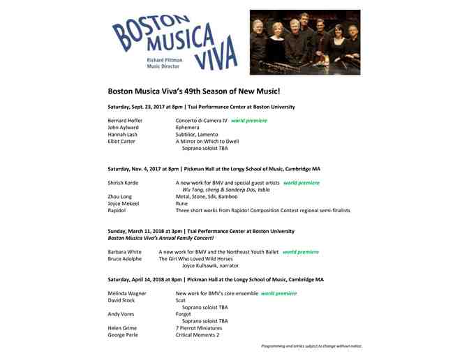 Two Subscriptions to Boston Musica Viva's 2017-2018 Season! - Photo 1