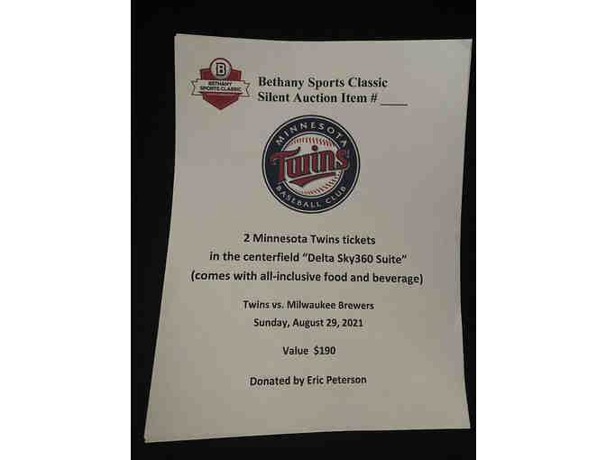 Two Minnesota Twins tickets in the centerfield "Delta Sky360 Suite" on Sunday, August 29 - Photo 1
