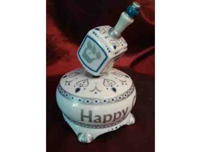 Happy Chanukah Music Box Spinning Dreidel Hannukah White Gray Blue Porcelain