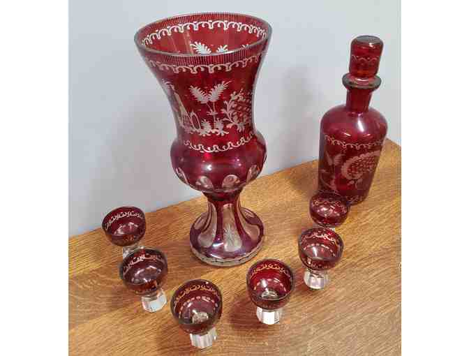 Cranberry Vase and Decanter Set