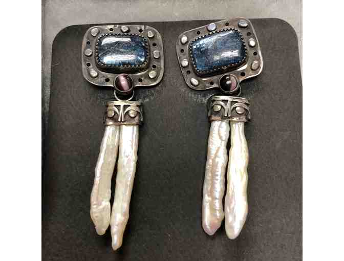 Larvikite, Amethyst & Stick Pearl Earrings
