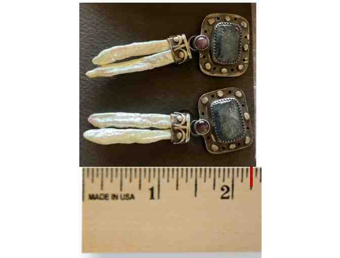 Larvikite, Amethyst & Stick Pearl Earrings