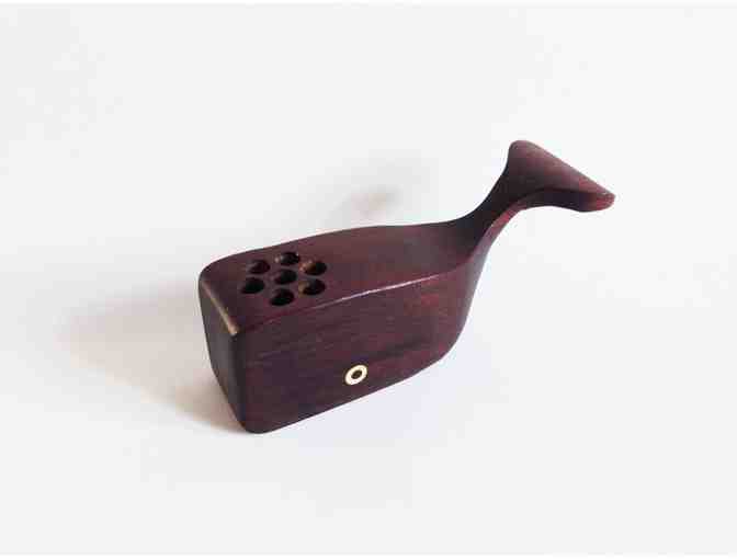 Handmade Wooden Whale Penholder made from Recycled NYC Park Bench (open-eyed)