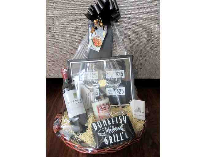 Bonefish Grill Gift Basket $100 in Dinner Coupons Plus Bottle of Wine,  Glasses and more - Photo 1