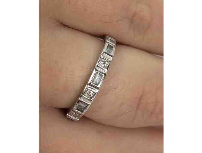White 14K Stackable Ring with Emerald Cut Aquas & Diamonds