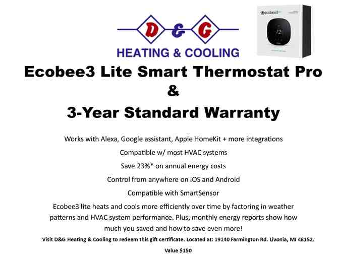 Ecobee3 Lite Smart Thermostat Pro w/ 3-Year Standard Warranty from D&G Heating & Cooling
