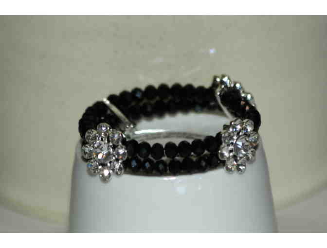 Black Beaded Chain Necklace w/Ribbon Chain, matching Bracelet and Earrings