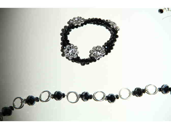 Black Beaded Chain Necklace w/Ribbon Chain, matching Bracelet and Earrings