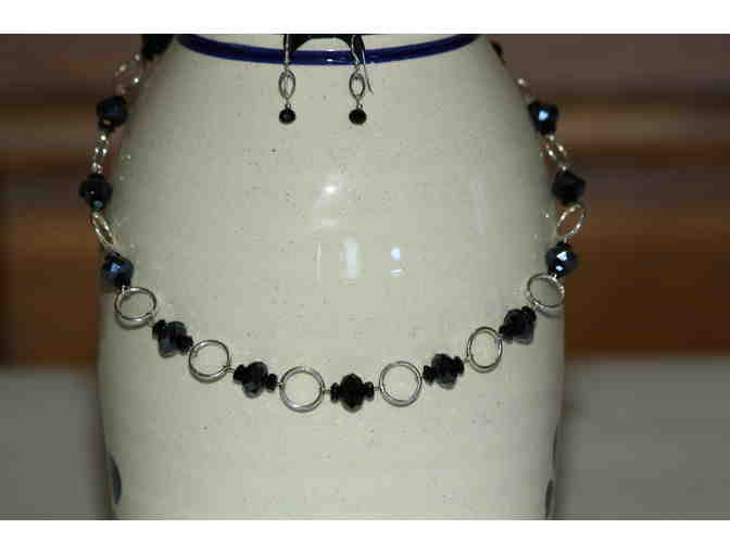 Black Beaded Chain Necklace w/Ribbon Chain, matching Bracelet and Earrings