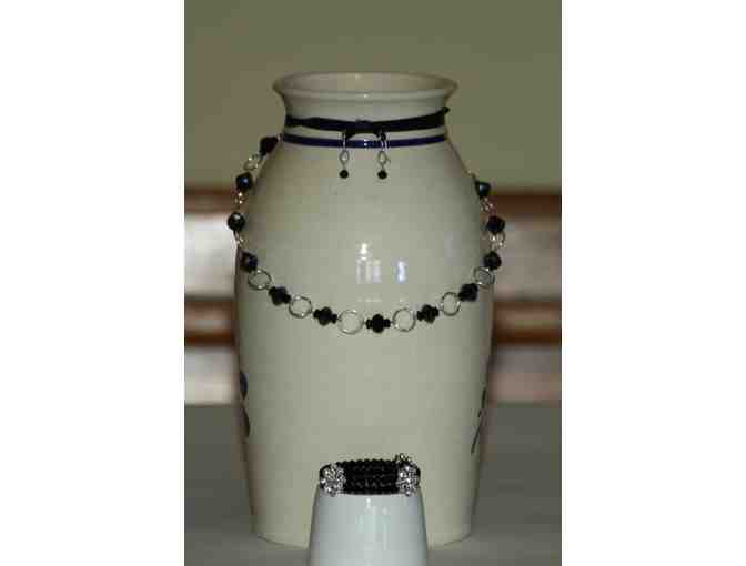 Black Beaded Chain Necklace w/Ribbon Chain, matching Bracelet and Earrings