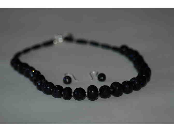 Necklace with Earrings - Bluish Purple Shimmering 'Gold Stone' Beaded Set