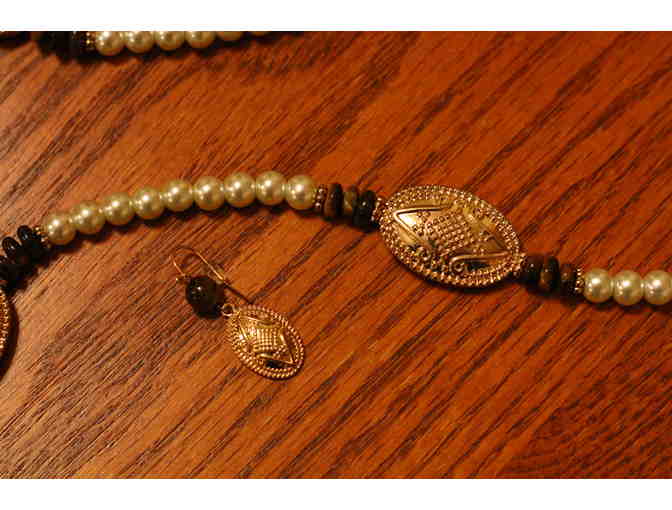 Jewelry:  White Pearl and Gold Necklace with Matching Earrings