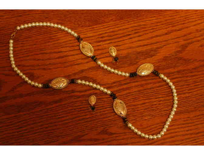 Jewelry:  White Pearl and Gold Necklace with Matching Earrings