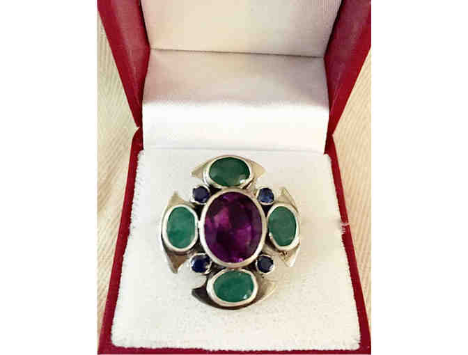 Shannon Dittbrenner - Large Silver  Cross Ring with Amethyst, Emeralds and Sapphires