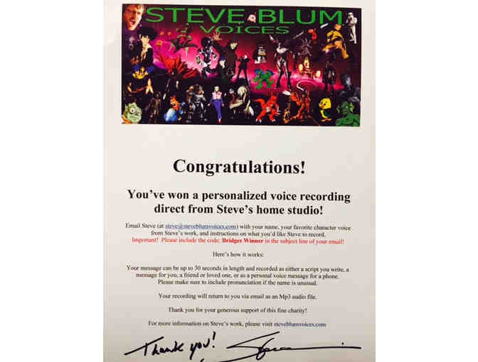 Personalized Voice Recording by Famed Voice Over Artist Steve Blum + Giant Swag Bag